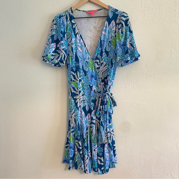 Lilly Pulitzer Kessler  Blue‎ Floral Dress wrap dress puff sleeve - Picture 2 of 7